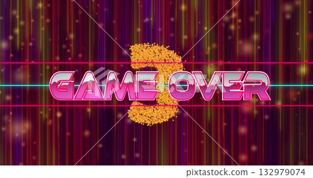 Displaying neon pink GAME OVER text over golden particles in digital scene with magenta cyan lines Displaying neon pink GAME OVER text over golden particles in digital scene with magenta cyan lines 132979074