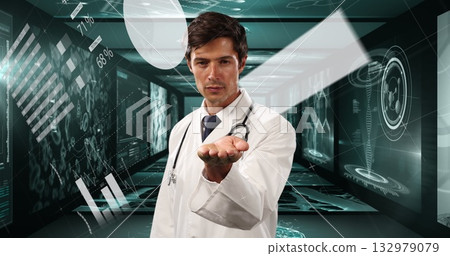 Scanning health metrics, male doctor wearing lab coat and stethoscope in futuristic data corridor Scanning health metrics, male doctor wearing lab coat and stethoscope in futuristic data corridor 132979079