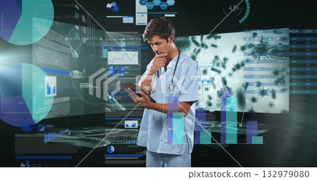 Scrub-clad clinician with stethoscope studying charts, examining pathogen images on tablet in lab Scrub-clad clinician with stethoscope studying charts, examining pathogen images on tablet in lab 132979080