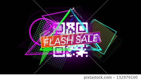 Displaying neon diagonal FLASH SALE banner covering white QR code in online ad with neon outlines Displaying neon diagonal FLASH SALE banner covering white QR code in online ad with neon outlines 132979100