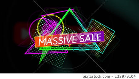 Displaying gradient banner highlighting MASSIVE SALE text in abstract design, with neon shapes 132979104