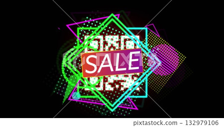 Displaying QR code on digital backdrop, with gradient SALE banner, neon outlines and halftone dots 132979106