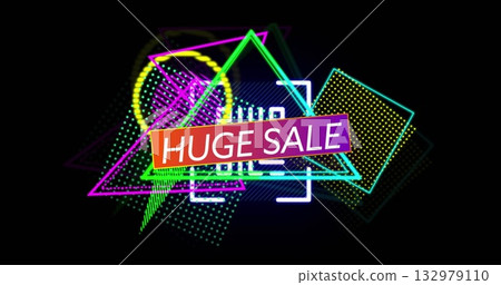 Displaying promotional graphic featuring glowing sale banner on black backdrop, with neon shapes Displaying promotional graphic featuring glowing sale banner on black backdrop, with neon shapes 132979110