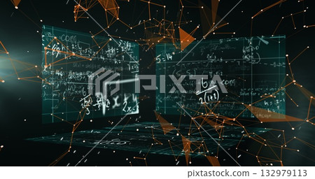 Floating translucent panel showcasing equations in virtual space, with orange polygonal network 132979113
