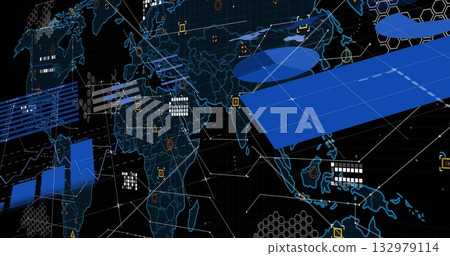 Showing futuristic world map presenting 3D data visuals in analytics interface, with neon panels Showing futuristic world map presenting 3D data visuals in analytics interface, with neon panels 132979114
