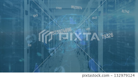 Displaying holographic brain projection hovering in data center aisle, with server racks 132979124