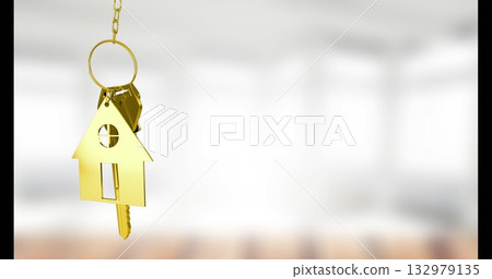 Hanging gold keychain featuring house-shaped fob and single key inside bright room, copy space 132979135