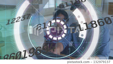 Father and daughter interacting with holographic interface in modern workspace, with stylus Father and daughter interacting with holographic interface in modern workspace, with stylus 132979137