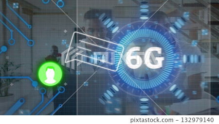 Team wearing lab coat and polo shirt interacting in modern lab, with holographic 6G network icon 132979140