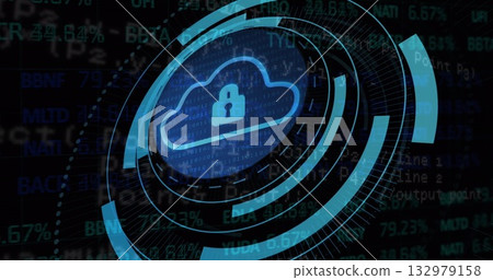 Displaying cloud icon with locked padlock rotating in UI with HUD rings, binary code and metrics 132979158