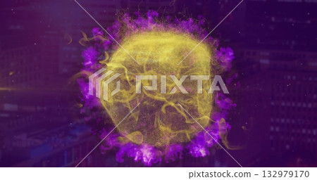 Hovering yellow filament orb emitting purple aura over nighttime skyline, with lit highrise facades Hovering yellow filament orb emitting purple aura over nighttime skyline, with lit highrise facades 132979170