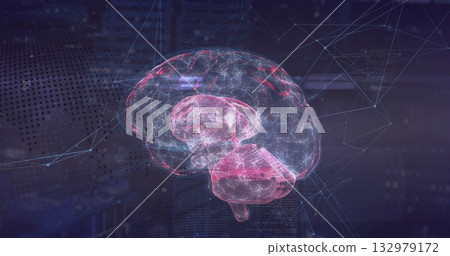 Floating holographic brain model showing neural pathways in data interface, with network nodes Floating holographic brain model showing neural pathways in data interface, with network nodes 132979172