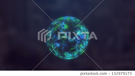 Floating glowing faceted sphere spinning in digital void, with illuminated lines and particles 132979173