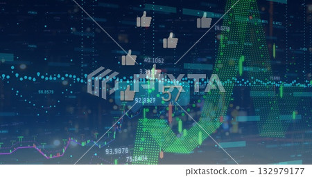 Floating thumbs-up icons and like badge showing 57 over trading screen, with candlestick charts Floating thumbs-up icons and like badge showing 57 over trading screen, with candlestick charts 132979177