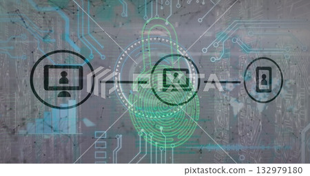 Showing fingerprint with overlaid laptop and lock in network security, with desktop and phone icons Showing fingerprint with overlaid laptop and lock in network security, with desktop and phone icons 132979180
