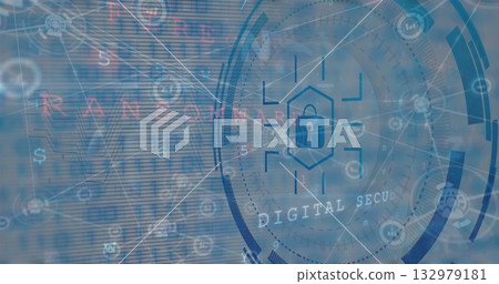 Displaying hexagonal padlock icon within network interface, UI rings binary code warning text Displaying hexagonal padlock icon within network interface, UI rings binary code warning text 132979181