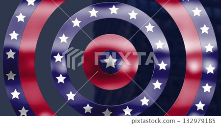 Featuring metallic emblem showing concentric rings on digital canvas, with white stars Featuring metallic emblem showing concentric rings on digital canvas, with white stars 132979185