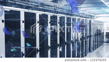 Server racks humming with LED lights in data center hallway, with cable trays and overlay graphics Server racks humming with LED lights in data center hallway, with cable trays and overlay graphics 132979205