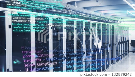 Displaying server racks glowing with LED lights in data center aisle, holographic code overlay Displaying server racks glowing with LED lights in data center aisle, holographic code overlay 132979242
