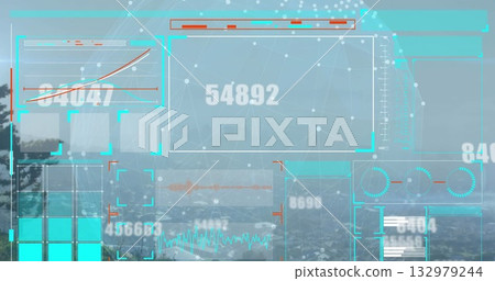 Displaying semi-transparent HUD overlaying coast, with numeric display, line graphs, network mesh Displaying semi-transparent HUD overlaying coast, with numeric display, line graphs, network mesh 132979244