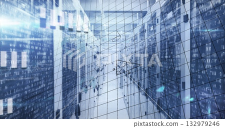 Presenting data center corridor lined with server racks and network cables, streaming code overlay 132979246