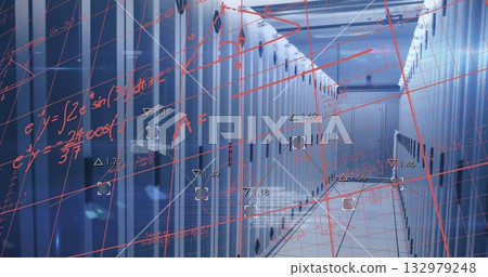 Displaying central aisle of server racks lining server room corridor, with digital overlays 132979248