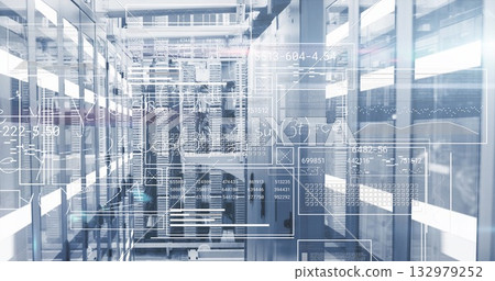 Displaying server racks flashing code overlays under LED lights with patch cables in server room 132979252