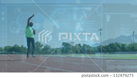 Jumping teen athlete clearing track lanes at stadium, with sunglasses, floodlights, copy space Jumping teen athlete clearing track lanes at stadium, with sunglasses, floodlights, copy space 132979275