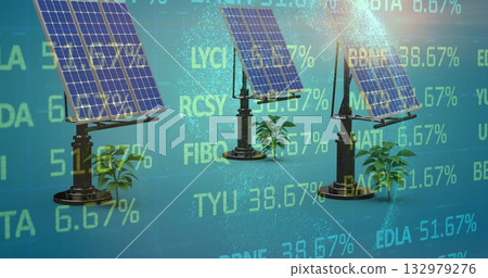 Displaying three solar panels on pedestals in digital space with green plants and ticker data 132979276