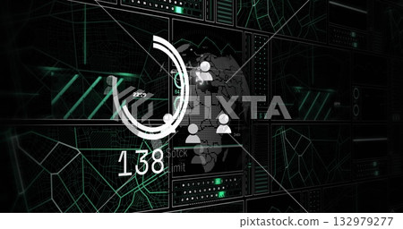 Displaying dashboard showing circle progress ring, world map with user icons, stock limit 138 Displaying dashboard showing circle progress ring, world map with user icons, stock limit 138 132979277