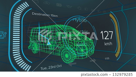 Displaying neon-green wireframe van model on virtual grid, with speed readout, drive mode labels Displaying neon-green wireframe van model on virtual grid, with speed readout, drive mode labels 132979285