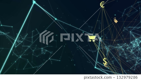 Shopping cart, euro symbols, padlock icons forming glowing network in navy cyberspace, copy space Shopping cart, euro symbols, padlock icons forming glowing network in navy cyberspace, copy space 132979286