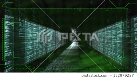 Streaming code panels receding into virtual corridor, with green HUD overlays and horizon light Streaming code panels receding into virtual corridor, with green HUD overlays and horizon light 132979287