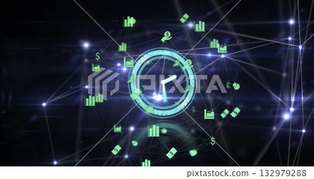 Glowing central clock linking data lines in cyber grid, with floating charts and currency symbols Glowing central clock linking data lines in cyber grid, with floating charts and currency symbols 132979288