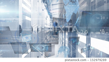 Displaying server racks in data center, with holographic math equations and world map overlay Displaying server racks in data center, with holographic math equations and world map overlay 132979289