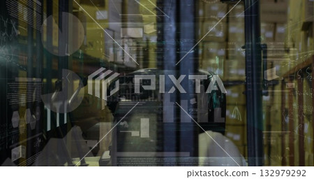 Analyzing holograms individual wearing VR headset and hoodie at data center, server rack streams Analyzing holograms individual wearing VR headset and hoodie at data center, server rack streams 132979292