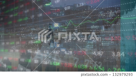 Financial data glowing over city highways at night, with green line graph, data indicators, values 132979293