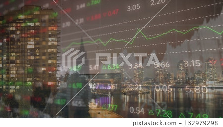 Displaying transparent market graph overlaying night waterfront skyline, showing trading tickers Displaying transparent market graph overlaying night waterfront skyline, showing trading tickers 132979298