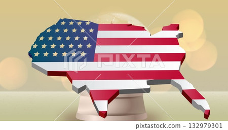 Displaying 3D US map featuring stars and stripes flag on pedestal in studio, with light orbs 132979301
