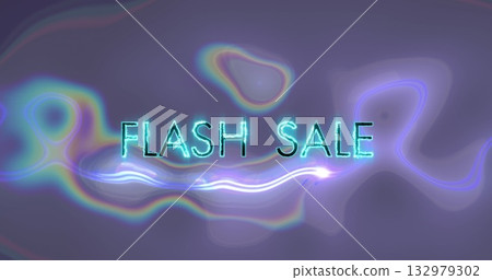 Featuring glowing neon letters spelling FLASH SALE on digital banner, with multicolored light waves 132979302