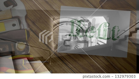 Displaying hand tools on workshop bench with Refit sheet, clock and chart overlays 132979303