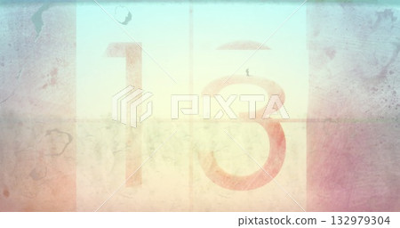 Displaying distressed numerals 1 and 3 in film countdown frame, with grid lines and textured wear 132979304