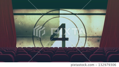 Displaying vintage countdown number 4 on projection screen in theater, with red curtains and seats Displaying vintage countdown number 4 on projection screen in theater, with red curtains and seats 132979306