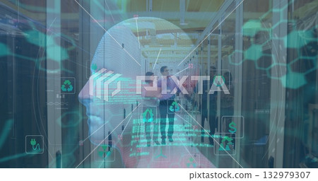 Wireframe head hovering in data center with technicians pointing at server racks, copy space 132979307