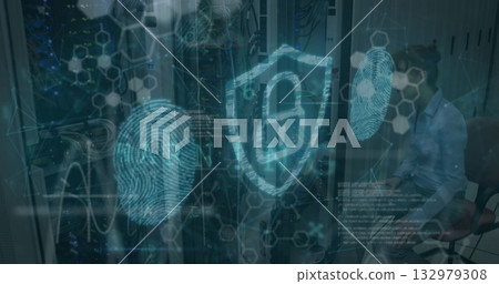 Technician reviewing tablet near racks in data center, viewing shield icon with fingerprint icons Technician reviewing tablet near racks in data center, viewing shield icon with fingerprint icons 132979308