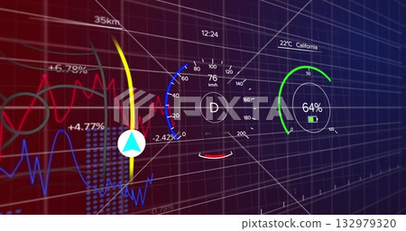 Displaying circular speedometer gauge reading 76 km or h on virtual HUD, with battery gauge icon 132979320