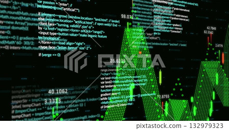 Displaying code on left screen beside 3D green bar chart with numeric labels, copy space 132979323