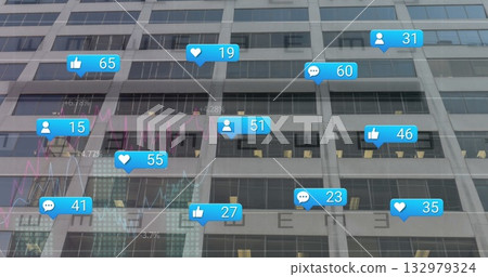 Showing floating social media notification icons and analyzing data on office windows, urban view 132979324
