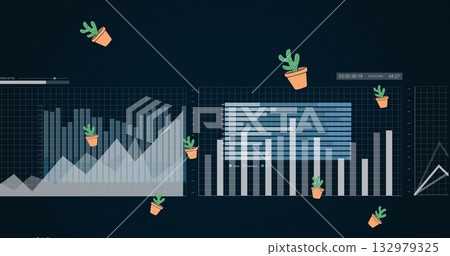 Showing interface featuring area, bar, and line charts on computer dashboard with cactus icons Showing interface featuring area, bar, and line charts on computer dashboard with cactus icons 132979325