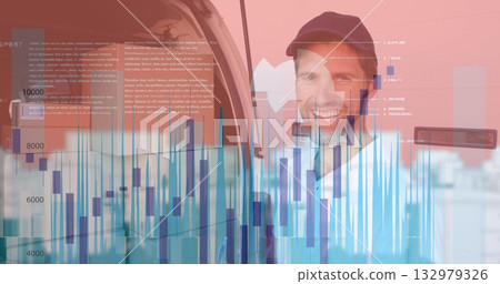 Smiling man wearing navy cap beside cargo van door in parking lot with financial chart overlay 132979326